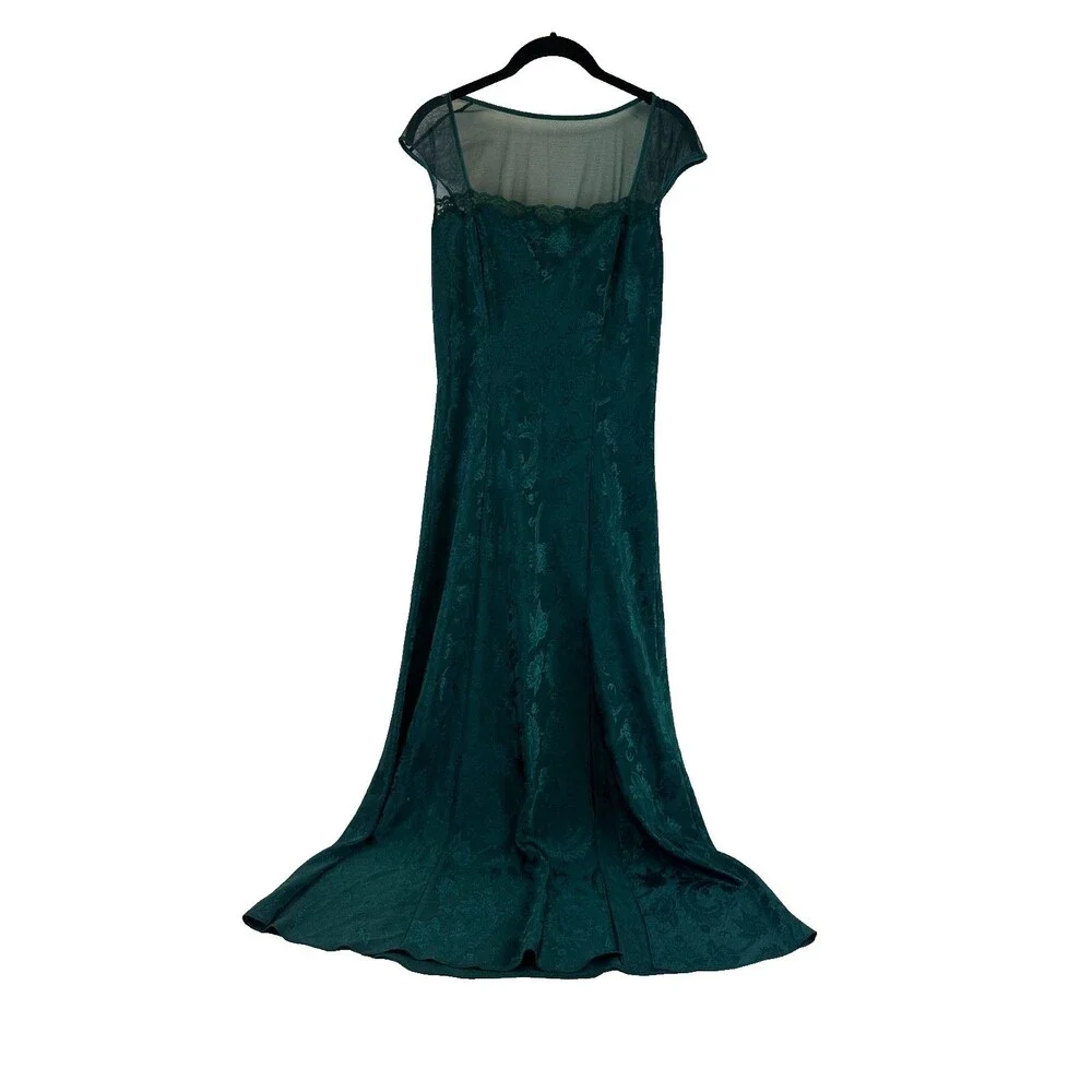 Victorias Secret Gold Label Emerald Green Satin Maxi Slip Gown Floral Jacquard L